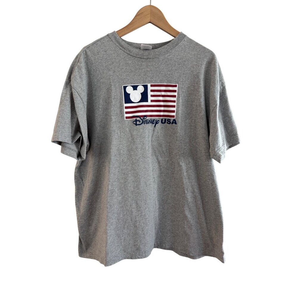 Disney Mickey USA Flag Graphic T-Shirt Men XL Gray 100% Cotton Short Sleeve Casu